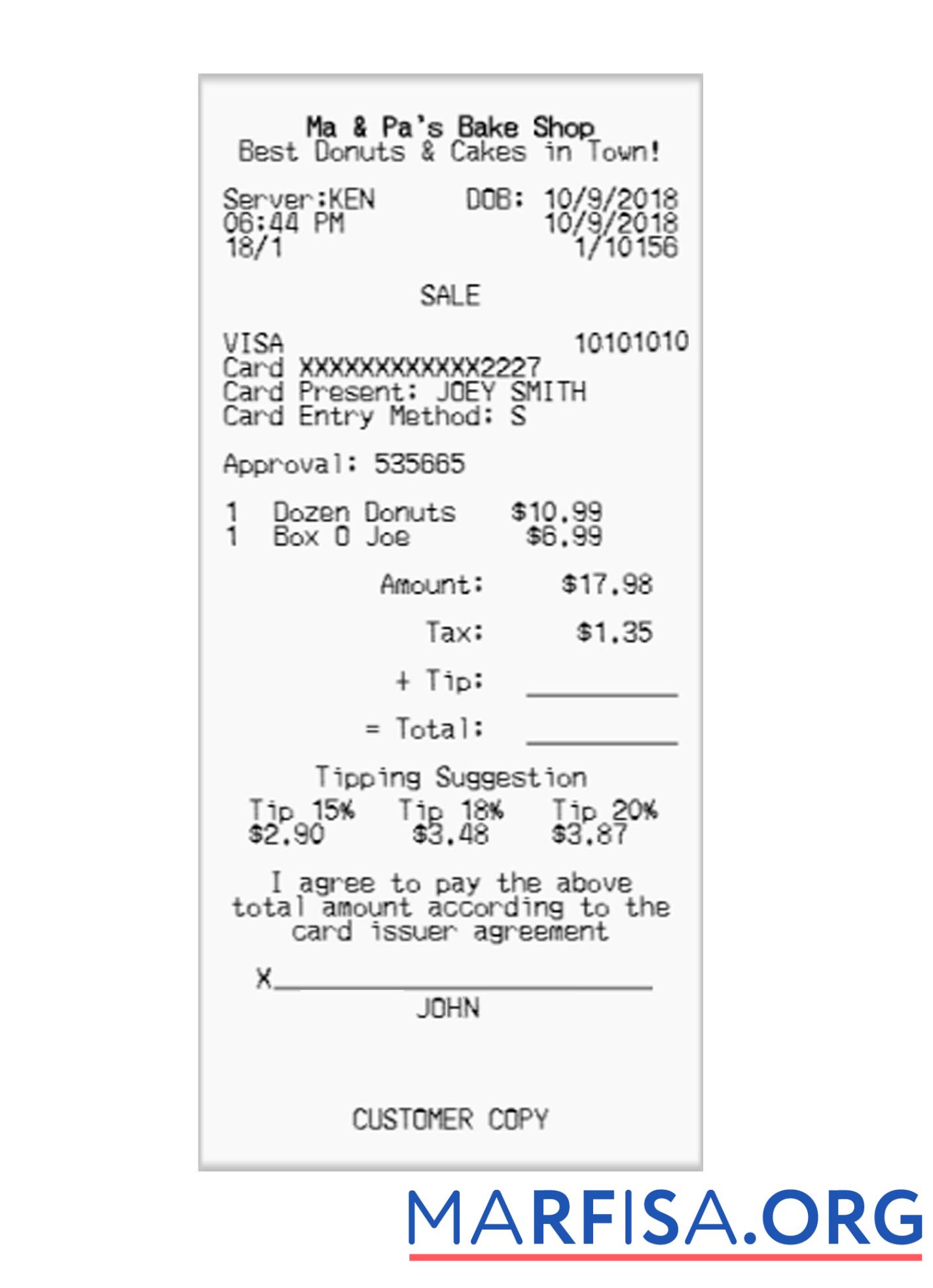 Downloadable MA & PA'S BAKE SHOP receipt example